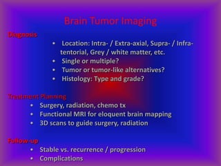Brain Tumor Imaging
Diagnosis
• Location: Intra- / Extra-axial, Supra- / Infra-
tentorial, Grey / white matter, etc.
• Single or multiple?
• Tumor or tumor-like alternatives?
• Histology: Type and grade?
Treatment Planning
• Surgery, radiation, chemo tx
• Functional MRI for eloquent brain mapping
• 3D scans to guide surgery, radiation
Follow-up
• Stable vs. recurrence / progression
• Complications
 