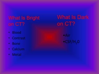 What Is Bright
on CT?
• Blood
• Contrast
• Bone
• Calcium
• Metal
What Is Dark
on CT?
•Air
•CSF/H20
 