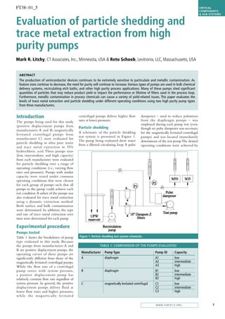 FT38- 01_5                                                                                                                                 CRITICAL
                                                                                                                                           COMPONENTS
                                                                                                                                           & SUB SYSTEMS


Evaluation of particle shedding and
trace metal extraction from high
purity pumps
Mark R. Litchy, CT Associates, Inc., Minnesota, USA & Reto Schoeb, Levitronix, LLC, Massachusetts, USA


  ABSTRACT
  The production of semiconductor devices continues to be extremely sensitive to particulate and metallic contamination. As
  feature sizes continue to decrease, the need for purity will continue to increase. Various types of pumps are used in bulk chemical
  delivery systems, recirculating etch baths, and other high purity process applications. Many of these pumps shed significant
  quantities of particles that may reduce product yield or impact the performance or lifetime of filters used in the process loop.
  Furthermore, metallic contamination in process chemicals can cause a variety of yield-related issues. This paper evaluates the
  levels of trace metal extraction and particle shedding under different operating conditions using two high purity pump types
  from three manufacturers.


Introduction                                  centrifugal pumps deliver higher flow           dampener – used to reduce pulsations
                                                                                              from the diaphragm pumps – was
                                              rates at lower pressures.
The pumps being used for this study
                                                                                              employed during each pump test (even
(positive displacement pumps from             Particle shedding                               though no pulse dampener was necessary
manufacturers A and B; magnetically
                                              A schematic of the particle shedding            for the magnetically levitated centrifugal
levitated centr ifugal pumps from
                                              test system is presented in Figure 1.           pumps) and was located immediately
manufacturer C) were evaluated for
                                              The pump being evaluated drew water             downstream of the test pump.The desired
particle shedding in ultra pure water
                                              from a filtered circulating loop. A pulse       operating conditions were achieved by
and trace metal extraction in 35%
hydrochloric acid. Three pumps sizes
(low, intermediate, and high capacity)
from each manufacturer were evaluated
for particle shedding over a range of
operating conditions (i.e., varying flow
rates and pressures). Pumps with similar
capacity were tested under common
operating conditions that were chosen
for each group of pumps such that all
pumps in the group could achieve each
test condition. A subset of the pumps was
also evaluated for trace metal extraction
using a dynamic extraction method.
Both surface and bulk contamination
were determined. In addition, the type
and rate of trace metal extraction over
time were determined for each pump.

Experimental procedure
Pumps tested
                                              Figure 1. Particle shedding test system schematic.
Table 1 shows the breakdown of pump
type evaluated in this study. Because
the pumps from manufacturers A and                            TABLE 1: COMPARISON OF THE PUMPS EVALUATED
B are positive displacement pumps, the
                                                Manufacturer     Pump Type                              Pump ID       Capacity
operating curves of these pumps are
                                                A                diaphragm                              A1            low
significantly different from those of the
                                                                                                        A2            intermediate
magnetically levitated centrifugal pumps.
                                                                                                        A3            high
While the flow rate of a centrifugal
pump var ies with system pressure,              B                diaphragm                              B1            low
                                                                                                        B2            intermediate
a positive displacement pump has
                                                                                                        B3            high
relatively constant flow rate regardless of
system pressure. In general, the positive       C                magnetically levitated centrifugal     C1            low
displacement pumps deliver fluid at                                                                     C2            intermediate
                                                                                                        C3            high
lower flow rates and higher pressures,
while the magnetically levitated

                                                                                                                                                   1
                                                                                                        WWW.FABTECH.ORG
 