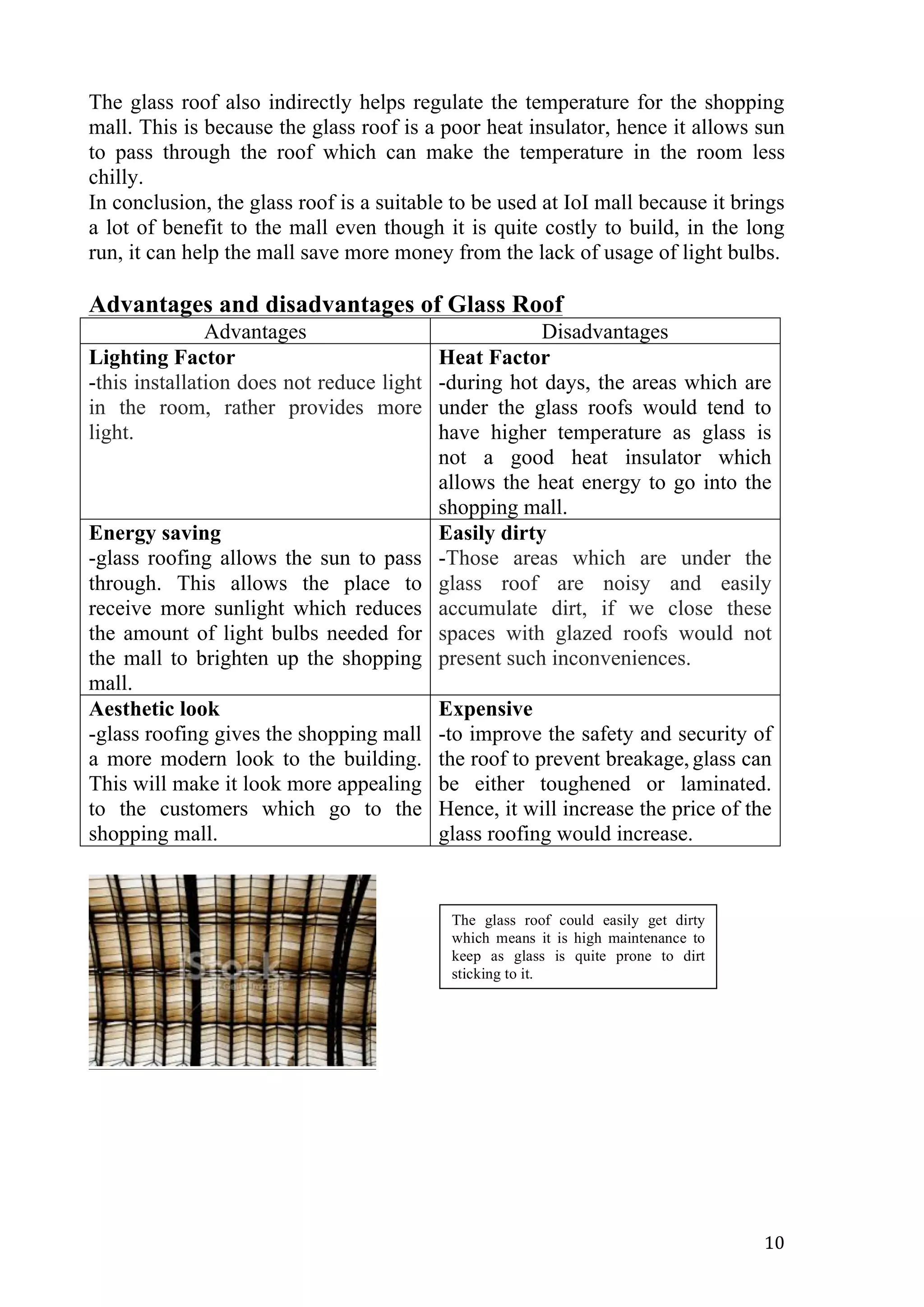   10	
  
The glass roof also indirectly helps regulate the temperature for the shopping
mall. This is because the glass roof is a poor heat insulator, hence it allows sun
to pass through the roof which can make the temperature in the room less
chilly.
In conclusion, the glass roof is a suitable to be used at IoI mall because it brings
a lot of benefit to the mall even though it is quite costly to build, in the long
run, it can help the mall save more money from the lack of usage of light bulbs.
Advantages and disadvantages of Glass Roof
Advantages Disadvantages
Lighting Factor
-this installation does not reduce light
in the room, rather provides more
light.
Heat Factor
-during hot days, the areas which are
under the glass roofs would tend to
have higher temperature as glass is
not a good heat insulator which
allows the heat energy to go into the
shopping mall.
Energy saving
-glass roofing allows the sun to pass
through. This allows the place to
receive more sunlight which reduces
the amount of light bulbs needed for
the mall to brighten up the shopping
mall.
Easily dirty
-Those areas which are under the
glass roof are noisy and easily
accumulate dirt, if we close these
spaces with glazed roofs would not
present such inconveniences.
Aesthetic look
-glass roofing gives the shopping mall
a more modern look to the building.
This will make it look more appealing
to the customers which go to the
shopping mall.
Expensive
-to improve the safety and security of
the roof to prevent breakage, glass can
be either toughened or laminated.
Hence, it will increase the price of the
glass roofing would increase.
The glass roof could easily get dirty
which means it is high maintenance to
keep as glass is quite prone to dirt
sticking to it.
 