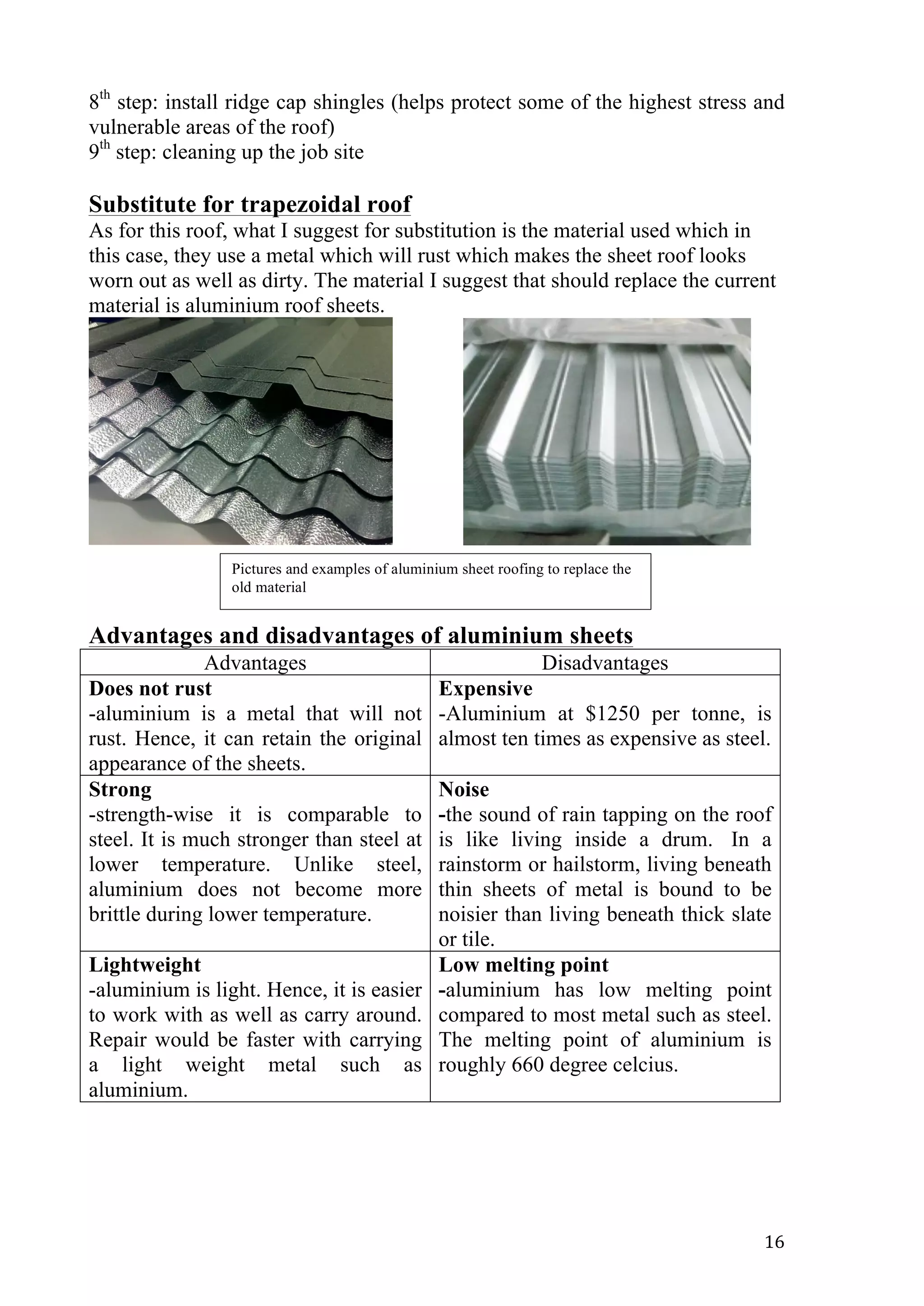   16	
  
8th
step: install ridge cap shingles (helps protect some of the highest stress and
vulnerable areas of the roof)
9th
step: cleaning up the job site
Substitute for trapezoidal roof
As for this roof, what I suggest for substitution is the material used which in
this case, they use a metal which will rust which makes the sheet roof looks
worn out as well as dirty. The material I suggest that should replace the current
material is aluminium roof sheets.
Advantages and disadvantages of aluminium sheets
Advantages Disadvantages
Does not rust
-aluminium is a metal that will not
rust. Hence, it can retain the original
appearance of the sheets.
Expensive
-Aluminium at $1250 per tonne, is
almost ten times as expensive as steel.
Strong
-strength-wise it is comparable to
steel. It is much stronger than steel at
lower temperature. Unlike steel,
aluminium does not become more
brittle during lower temperature.
Noise
-the sound of rain tapping on the roof
is like living inside a drum. In a
rainstorm or hailstorm, living beneath
thin sheets of metal is bound to be
noisier than living beneath thick slate
or tile.
Lightweight
-aluminium is light. Hence, it is easier
to work with as well as carry around.
Repair would be faster with carrying
a light weight metal such as
aluminium.
Low melting point
-aluminium has low melting point
compared to most metal such as steel.
The melting point of aluminium is
roughly 660 degree celcius.
Pictures and examples of aluminium sheet roofing to replace the
old material
 