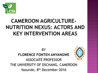 CAMEROON AGRICULTURE-
NUTRITION NEXUS: ACTORS AND
KEY INTERVENTION AREAS
BY
FLORENCE FONTEH ANYANGWE
ASSOCIATE PROFESSOR
THE UNIVERSITY OF DSCHANG, CAMEROON
Yaounde, 8th December 2016 1
 