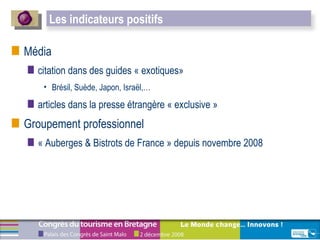 Média citation dans des guides « exotiques»  Brésil, Suède, Japon, Israël,… articles dans la presse étrangère « exclusive » Groupement professionnel « Auberges & Bistrots de France » depuis novembre 2008 Les indicateurs positifs  