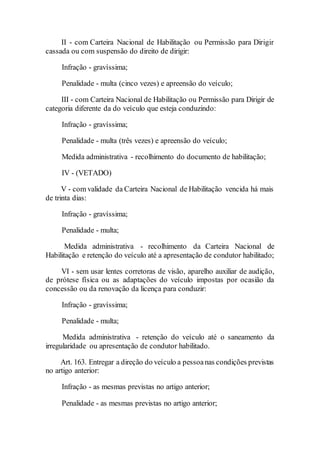 II - com Carteira Nacional de Habilitação ou Permissão para Dirigir
cassada ou com suspensão do direito de dirigir:
Infração - gravíssima;
Penalidade - multa (cinco vezes) e apreensão do veículo;
III - com Carteira Nacional de Habilitação ou Permissão para Dirigir de
categoria diferente da do veículo que esteja conduzindo:
Infração - gravíssima;
Penalidade - multa (três vezes) e apreensão do veículo;
Medida administrativa - recolhimento do documento de habilitação;
IV - (VETADO)
V - com validade da Carteira Nacional de Habilitação vencida há mais
de trinta dias:
Infração - gravíssima;
Penalidade - multa;
Medida administrativa - recolhimento da Carteira Nacional de
Habilitação e retenção do veículo até a apresentação de condutor habilitado;
VI - sem usar lentes corretoras de visão, aparelho auxiliar de audição,
de prótese física ou as adaptações do veículo impostas por ocasião da
concessão ou da renovação da licença para conduzir:
Infração - gravíssima;
Penalidade - multa;
Medida administrativa - retenção do veículo até o saneamento da
irregularidade ou apresentação de condutor habilitado.
Art. 163. Entregar a direção do veículo a pessoanas condições previstas
no artigo anterior:
Infração - as mesmas previstas no artigo anterior;
Penalidade - as mesmas previstas no artigo anterior;
 