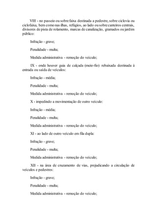 VIII - no passeio ou sobrefaixa destinada a pedestre, sobre ciclovia ou
ciclofaixa, bem como nas ilhas, refúgios, ao lado ousobrecanteiros centrais,
divisores de pista de rolamento, marcas de canalização, gramados ou jardim
público:
Infração - grave;
Penalidade - multa;
Medida administrativa - remoção do veículo;
IX - onde houver guia de calçada (meio-fio) rebaixada destinada à
entrada ou saída de veículos:
Infração - média;
Penalidade - multa;
Medida administrativa - remoção do veículo;
X - impedindo a movimentação de outro veículo:
Infração - média;
Penalidade - multa;
Medida administrativa - remoção do veículo;
XI - ao lado de outro veículo em fila dupla:
Infração - grave;
Penalidade - multa;
Medida administrativa - remoção do veículo;
XII - na área de cruzamento de vias, prejudicando a circulação de
veículos e pedestres:
Infração - grave;
Penalidade - multa;
Medida administrativa - remoção do veículo;
 