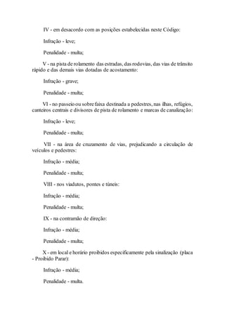 IV - em desacordo com as posições estabelecidas neste Código:
Infração - leve;
Penalidade - multa;
V - na pista de rolamento das estradas, das rodovias, das vias de trânsito
rápido e das demais vias dotadas de acostamento:
Infração - grave;
Penalidade - multa;
VI - no passeio ou sobrefaixa destinada a pedestres, nas ilhas, refúgios,
canteiros centrais e divisores de pista de rolamento e marcas de canalização:
Infração - leve;
Penalidade - multa;
VII - na área de cruzamento de vias, prejudicando a circulação de
veículos e pedestres:
Infração - média;
Penalidade - multa;
VIII - nos viadutos, pontes e túneis:
Infração - média;
Penalidade - multa;
IX - na contramão de direção:
Infração - média;
Penalidade - multa;
X - em local e horário proibidos especificamente pela sinalização (placa
- Proibido Parar):
Infração - média;
Penalidade - multa.
 