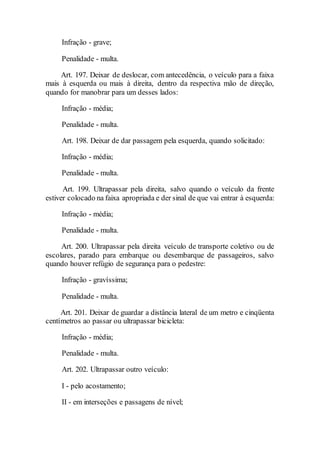 Infração - grave;
Penalidade - multa.
Art. 197. Deixar de deslocar, com antecedência, o veículo para a faixa
mais à esquerda ou mais à direita, dentro da respectiva mão de direção,
quando for manobrar para um desses lados:
Infração - média;
Penalidade - multa.
Art. 198. Deixar de dar passagem pela esquerda, quando solicitado:
Infração - média;
Penalidade - multa.
Art. 199. Ultrapassar pela direita, salvo quando o veículo da frente
estiver colocado na faixa apropriada e der sinal de que vai entrar à esquerda:
Infração - média;
Penalidade - multa.
Art. 200. Ultrapassar pela direita veículo de transporte coletivo ou de
escolares, parado para embarque ou desembarque de passageiros, salvo
quando houver refúgio de segurança para o pedestre:
Infração - gravíssima;
Penalidade - multa.
Art. 201. Deixar de guardar a distância lateral de um metro e cinqüenta
centímetros ao passar ou ultrapassar bicicleta:
Infração - média;
Penalidade - multa.
Art. 202. Ultrapassar outro veículo:
I - pelo acostamento;
II - em interseções e passagens de nível;
 