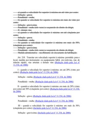 a) quando a velocidade for superior à máxima em até vinte por cento:
Infração - grave;
Penalidade - multa;
b) quando a velocidade for superior à máxima em mais de vinte por
cento:
Infração - gravíssima;
Penalidade - multa (três vezes) e suspensão do direito de dirigir;
II - demais vias:
a) quando a velocidade for superior à máxima em até cinqüenta por
cento:
Infração - grave;
Penalidade - multa;
b) quando a velocidade for superior à máxima em mais de 50%
(cinqüenta por cento):
Infração - gravíssima;
Penalidade - multa (três vezes) e suspensão do direito de dirigir;
Medida administrativa - recolhimento do documento de habilitação.
Art. 218. Transitar em velocidade superior à máxima permitida para o
local, medida por instrumento ou equipamento hábil, em rodovias, vias de
trânsito rápido, vias arteriais e demais vias: (Redação dada pela Lei nº
11.334, de 2006)
I - quando a velocidade for superior à máxima em até 20% (vinte por
cento): (Redação dada pela Lei nº 11.334, de 2006)
Infração - média; (Redação dada pela Lei nº 11.334, de 2006)
Penalidade - multa; (Redação dada pela Lei nº 11.334, de 2006)
II - quando a velocidade for superior à máxima em mais de 20% (vinte
porcento) até 50% (cinqüenta porcento): (Redação dada pela Lei nº 11.334,
de 2006)
Infração - grave; (Redação dada pela Lei nº 11.334, de 2006)
Penalidade - multa; (Redação dada pela Lei nº 11.334, de 2006)
III - quando a velocidade for superior à máxima em mais de 50%
(cinqüenta por cento): (Incluído pela Lei nº 11.334, de 2006)
Infração - gravíssima; (Incluído pela Lei nº 11.334, de 2006)
 