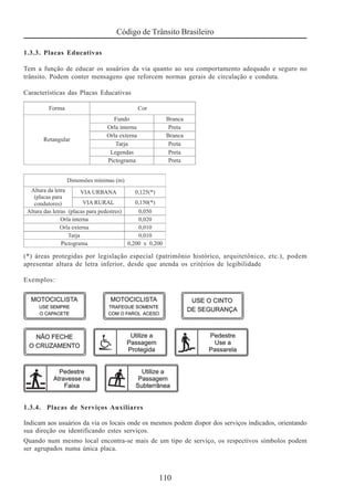 Código de Trânsito Brasileiro
110
1.3.3. Placas Educativas
Tem a função de educar os usuários da via quanto ao seu comportamento adequado e seguro no
trânsito. Podem conter mensagens que reforcem normas gerais de circulação e conduta.
Características das Placas Educativas
(*) áreas protegidas por legislação especial (patrimônio histórico, arquitetônico, etc.), podem
apresentar altura de letra inferior, desde que atenda os critérios de legibilidade
Exemplos:
1.3.4. Placas de Serviços Auxiliares
Indicam aos usuários da via os locais onde os mesmos podem dispor dos serviços indicados, orientando
sua direção ou identificando estes serviços.
Quando num mesmo local encontra-se mais de um tipo de serviço, os respectivos símbolos podem
ser agrupados numa única placa.
 