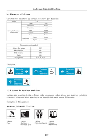 Código de Trânsito Brasileiro
112
b) Placas para Pedestres
Características das Placas de Serviços Auxiliares para Pedestres
Exemplos:
1.3.5. Placas de Atrativos Turísticos
Indicam aos usuários da via os locais onde os mesmos podem dispor dos atrativos turísticos
existentes, orientando sobre sua direção ou identificando estes pontos de interesse.
Exemplos de Pictogramas:
Atrativos Turísticos Naturais
 