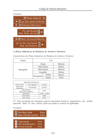 115
Código de Trânsito Brasileiro
Exemplos
c) Placas Indicativas de Distância de Atrativos Turísticos
Características das Placas Indicativas de Distância de Atrativos Turísticos
(*) áreas protegidas por legislação especial (patrimônio histórico, arquitetônico, etc), podem
apresentar altura de letra inferior, desde que atenda os critérios de legibilidade
Exemplos:
 
