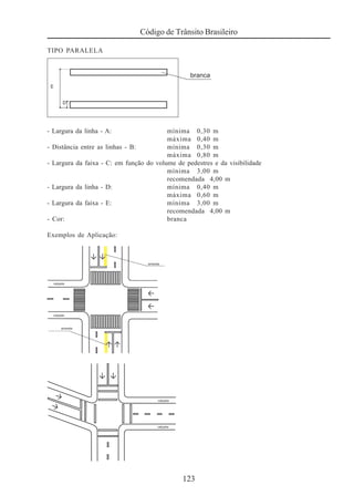 123
Código de Trânsito Brasileiro
TIPO PARALELA
- Largura da linha - A: mínima 0,30 m
máxima 0,40 m
- Distância entre as linhas - B: mínima 0,30 m
máxima 0,80 m
- Largura da faixa - C: em função do volume de pedestres e da visibilidade
mínima 3,00 m
recomendada 4,00 m
- Largura da linha - D: mínima 0,40 m
máxima 0,60 m
- Largura da faixa - E: mínima 3,00 m
recomendada 4,00 m
- Cor: branca
Exemplos de Aplicação:
 