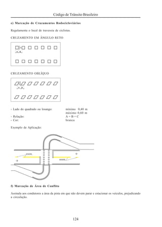 Código de Trânsito Brasileiro
124
e) Marcação de Cruzamentos Rodocicloviários
Regulamenta o local de travessia de ciclistas.
CRUZAMENTO EM ÂNGULO RETO
CRUZAMENTO OBLÍQUO
- Lado do quadrado ou losango: mínimo 0,40 m
máximo 0,60 m
- Relação: A = B = C
- Cor: branca
Exemplo de Aplicação:
f) Marcação de Área de Conflito
Assinala aos condutores a área da pista em que não devem parar e estacionar os veículos, prejudicando
a circulação.
 