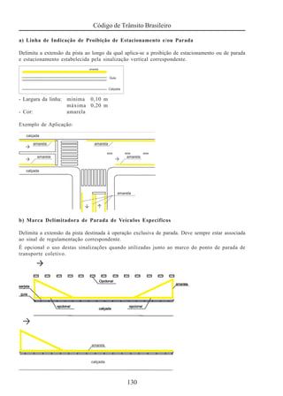 Código de Trânsito Brasileiro
130
a) Linha de Indicação de Proibição de Estacionamento e/ou Parada
Delimita a extensão da pista ao longo da qual aplica-se a proibição de estacionamento ou de parada
e estacionamento estabelecida pela sinalização vertical correspondente.
- Largura da linha: mínima 0,10 m
máxima 0,20 m
- Cor: amarela
Exemplo de Aplicação:
b) Marca Delimitadora de Parada de Veículos Específicos
Delimita a extensão da pista destinada à operação exclusiva de parada. Deve sempre estar associada
ao sinal de regulamentação correspondente.
É opcional o uso destas sinalizações quando utilizadas junto ao marco do ponto de parada de
transporte coletivo.
 