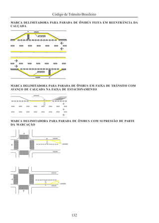Código de Trânsito Brasileiro
132
MARCA DELIMITADORA PARA PARADA DE ÔNIBUS FEITA EM REENTRÂNCIA DA
CALÇADA
MARCA DELIMITADORA PARA PARADA DE ÔNIBUS EM FAIXA DE TRÂNSITO COM
AVANÇO DE CALÇADA NA FAIXA DE ESTACIONAMENTO
MARCA DELIMITADORA PARA PARADA DE ÔNIBUS COM SUPRESSÃO DE PARTE
DA MARCAÇÃO
 