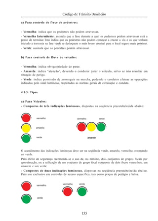 155
Código de Trânsito Brasileiro
a) Para controle de fluxo de pedestres:
- Vermelha: indica que os pedestres não podem atravessar.
- Vermelha Intermitente: assinala que a fase durante a qual os pedestres podem atravessar está a
ponto de terminar. Isto indica que os pedestres não podem começar a cruzar a via e os que tenham
iniciado a travessia na fase verde se desloquem o mais breve possível para o local seguro mais próximo.
- Verde: assinala que os pedestres podem atravessar.
b) Para controle de fluxo de veículos:
- Vermelha: indica obrigatoriedade de parar.
- Amarela: indica “atenção”, devendo o condutor parar o veículo, salvo se isto resultar em
situação de perigo.
- Verde: indica permissão de prosseguir na marcha, podendo o condutor efetuar as operações
indicadas pelo sinal luminoso, respeitadas as normas gerais de circulação e conduta.
4.1.3. Tipos
a) Para Veículos:
- Compostos de três indicações luminosas, dispostas na seqüência preestabelecida abaixo:
O acendimento das indicações luminosas deve ser na seqüência verde, amarelo, vermelho, retornando
ao verde.
Para efeito de segurança recomenda-se o uso de, no mínimo, dois conjuntos de grupos focais por
aproximação, ou a utilização de um conjunto de grupo focal composto de dois focos vermelhos, um
amarelo e um verde
- Compostos de duas indicações luminosas, dispostas na seqüência preestabelecida abaixo.
Para uso exclusivo em controles de acesso específico, tais como praças de pedágio e balsa.
 