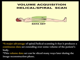 A major advantage  of spiral/helical scanning it that it produces a  continuous data  set extending over some volume of the patient's body. This  volume data  set can be sliced many ways later during the image reconstruction phase. 