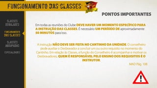 PONTOS IMPORTANTES
FUNCIONAMENTO DAS CLASSES
Em todas as reuniões do Clube DEVE HAVER UM MOMENTO ESPECÍFICO PARA
A INSTRUÇÃO DAS CLASSES. É necessário UM PERÍODO DE aproximadamente
50 MINUTOS para isso.
A instrução NÃO DEVE SER FEITA NO CANTINHO DA UNIDADE. O conselheiro
pode auxiliar o Desbravador a concluir um ou outro requisito no momento do
Cantinho. Em relação às Classes, a função do Conselheiro é acompanhar e motivar os
Desbravadores, QUEM É RESPONSÁVEL PELO ENSINO DOS REQUISITOS É O
INSTRUTOR.
MAD Pág. 108
CLASSES
REGULARES
FUNCIONAMENTO
DAS CLASSES
CLASSES
AGRUPADAS
ESPECIALIDADES
 