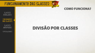 COMO FUNCIONA?
FUNCIONAMENTO DAS CLASSES
CLASSES
REGULARES
FUNCIONAMENTO
DAS CLASSES
CLASSES
AGRUPADAS
ESPECIALIDADES
DIVISÃO POR CLASSES
 