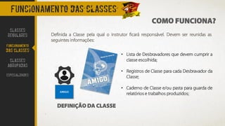 COMO FUNCIONA?
FUNCIONAMENTO DAS CLASSES
Definida a Classe pela qual o instrutor ficará responsável. Devem ser reunidas as
seguintes informações:
CLASSES
REGULARES
FUNCIONAMENTO
DAS CLASSES
CLASSES
AGRUPADAS
ESPECIALIDADES
AMIGO
DEFINIÇÃO DA CLASSE
• Lista de Desbravadores que devem cumprir a
classe escolhida;
• Registros de Classe para cada Desbravador da
Classe;
• Caderno de Classe e/ou pasta para guarda de
relatórios e trabalhos produzidos;
 