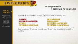 CLASSES REGULARES
Um Clube de Desbravadores saudável e sustentado pelos seguintes pilares:
CLASSES; ESPECIALIDADES;
CANTINHO DA UNIDADE; ORDEM UNIDA;
CIVISMO; ATIVIDADES CAMPESTRES;
ATIVIDADES ESPIRITUAIS; ATIVIDADES COMUNITÁRIAS.
Cada um deles e de extrema importância e devem estar vinculados e em perfeito
equilíbrio.
POR QUE USAR
O SISTEMA DE CLASSES?CLASSES
REGULARES
FUNCIONAMENTO
DAS CLASSES
CLASSES
AGRUPADAS
ESPECIALIDADES
 