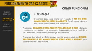 COMO FUNCIONA?
FUNCIONAMENTO DAS CLASSES
➢ APLICAÇÃO
O primeiro passo para ensinar um requisito é TER UM BOM
CONHECIMENTO SOBRE O ASSUNTO. Se o instrutor não tem
esse conhecimento ele tem duas alternativas:
• A primeira é CONVIDAR OUTRA PESSOA PARA ENSINAR O ITEM. Não basta
que o instrutor convidado domine o assunto, é necessário que ele tenha didática
para transmitir o conhecimento para crianças e adolescentes.
• A segunda alternativa é, se não for possível convidar alguém, o instrutor BUSCAR
APROFUNDAR O SEU CONHECIMENTO SOBRE AQUELE ASSUNTO para
poder ensinar aos Desbravadores.
CLASSES
REGULARES
FUNCIONAMENTO
DAS CLASSES
CLASSES
AGRUPADAS
ESPECIALIDADES
 