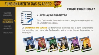COMO FUNCIONA?
FUNCIONAMENTO DAS CLASSES
➢ AVALIAÇÃO E REGISTRO
Todo Desbravador deve ser incentivado a registrar o que aprendeu
em um caderno ou pasta.
Os CADERNOS DE CLASSE são ferramentas essenciais para o bom cumprimento
dos requisitos por parte do Desbravador, assim como ótimas ferramentas de
motivação.
CLASSES
REGULARES
FUNCIONAMENTO
DAS CLASSES
CLASSES
AGRUPADAS
ESPECIALIDADES
 