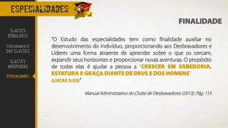 especialidades
“O Estudo das especialidades tem como finalidade auxiliar no
desenvolvimento do indivíduo, proporcionando aos Desbravadores e
Líderes uma forma atraente de aprender sobre o que os cercam,
expandir seus horizontes e proporcionar novas aventuras. O propósito
de todas elas é ajudar a pessoa a “CRESCER EM SABEDORIA,
ESTATURA E GRAÇA DIANTE DE DEUS E DOS HOMENS“
(LUCAS 2:52)”
Manual Administrativo do Clube de Desbravadores (2013). Pág. 115
FINALIDADE
CLASSES
REGULARES
FUNCIONAMENTO
DAS CLASSES
CLASSES
AGRUPADAS
ESPECIALIDADES
 