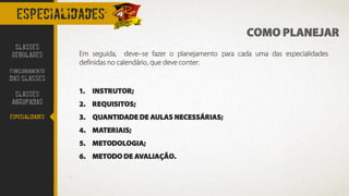 especialidades
COMO PLANEJAR
Em seguida, deve–se fazer o planejamento para cada uma das especialidades
definidas no calendário, que deve conter:
CLASSES
REGULARES
FUNCIONAMENTO
DAS CLASSES
CLASSES
AGRUPADAS
ESPECIALIDADES
1. INSTRUTOR;
2. REQUISITOS;
3. QUANTIDADE DE AULAS NECESSÁRIAS;
4. MATERIAIS;
5. METODOLOGIA;
6. METODO DE AVALIAÇÃO.
 