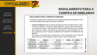 especialidades
REGULAMENTO PARA A
COMPRA DE EMBLEMASCLASSES
REGULARES
FUNCIONAMENTO
DAS CLASSES
CLASSES
AGRUPADAS
ESPECIALIDADES
 
