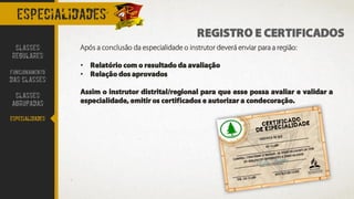especialidades
REGISTRO E CERTIFICADOS
Após a conclusão da especialidade o instrutor deverá enviar para a região:
• Relatório com o resultado da avaliação
• Relação dos aprovados
Assim o instrutor distrital/regional para que esse possa avaliar e validar a
especialidade, emitir os certificados e autorizar a condecoração.
CLASSES
REGULARES
FUNCIONAMENTO
DAS CLASSES
CLASSES
AGRUPADAS
ESPECIALIDADES
 