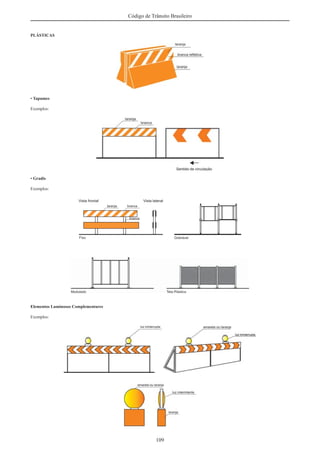 109
Código de Trânsito Brasileiro
PLÁSTICAS
• Tapumes
Exemplos:
• Gradis
Exemplos:
Elementos Luminosos Complementares
Exemplos:
 