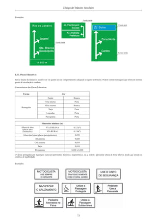 73
Código de Trânsito Brasileiro
Exemplos:
1.3.3. Placas Educativas
Tem a função de educar os usuários da via quanto ao seu comportamento adequado e seguro no trânsito. Podem conter mensagens que reforcem normas
gerais de circulação e conduta.
Características das Placas Educativas
Forma Cor
Retangular
Fundo Branca
Orla interna Preta
Orla externa Branca
Tarja Preta
Legendas Preta
Pictograma Preta
Dimensões mínimas (m)
Altura da letra
(placas para
condutores)
VIA URBANA 0,125(*)
VIA RURAL 0,150(*)
Altura das letras (placas para pedestres) 0,050
Orla interna 0,020
Orla externa 0,010
Tarja 0,010
Pictograma 0,200 x 0,200
(*) áreas protegidas por legislação especial (patrimônio histórico, arquitetônico, etc.), podem apresentar altura de letra inferior, desde que atenda os
critérios de legibilidade
Exemplos:
 