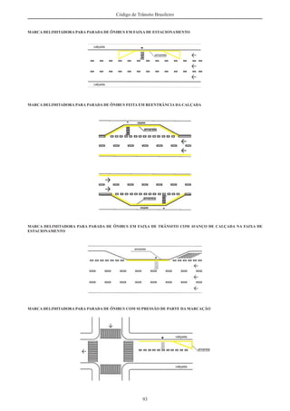 93
Código de Trânsito Brasileiro
MARCA DELIMITADORA PARA PARADA DE ÔNIBUS EM FAIXA DE ESTACIONAMENTO
MARCA DELIMITADORA PARA PARADA DE ÔNIBUS FEITA EM REENTRÂNCIA DA CALÇADA
MARCA DELIMITADORA PARA PARADA DE ÔNIBUS EM FAIXA DE TRÂNSITO COM AVANÇO DE CALÇADA NA FAIXA DE
ESTACIONAMENTO
MARCA DELIMITADORA PARA PARADA DE ÔNIBUS COM SUPRESSÃO DE PARTE DA MARCAÇÃO
 