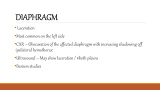 DIAPHRAGM
• Laceration
•Most common on the left side
•CXR – Obscuration of the affected diaphragm with increasing shadowing off
ipsilateral hemothorax
•Ultrasound – May show laceration / #both pleura
•Barium studies
 
