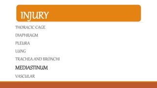 INJURY
THORACIC CAGE
DIAPHRAGM
PLEURA
LUNG
TRACHEA AND BRONCHI
MEDIASTINUM
VASCULAR
 