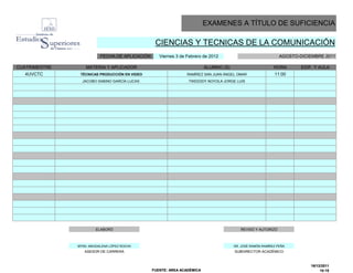 EXAMENES A TÍTULO DE SUFICIENCIA

                                                 CIENCIAS Y TECNICAS DE LA COMUNICACIÓN
                          FECHA DE APLICACIÓN      Viernes 3 de Febrero de 2012                               AGOSTO-DICIEMBRE 2011

CUATRIMESTRE       MATERIA Y APLICADOR                                   ALUMNO (S)                        HORA       EDIF. Y AULA
  4UVCTC        TÉCNICAS PRODUCCIÓN EN VIDEO                    RAMÍREZ SAN JUAN ÁNGEL OMAR                11:00
                 JACOBO SABINO GARCÍA LUCAS                     TWEEDDY NOYOLA JORGE LUIS




                        ELABORÓ                                                          REVISÓ Y AUTORIZÓ



               MTRA. MAGDALENA LÓPEZ ROCHA                                            DR. JOSÉ RAMÓN RAMÍREZ PEÑA
                  ASESOR DE CARRERA                                                   SUBDIRECTOR ACADÉMICO



                                                                                                                          16/12/2011
                                                FUENTE: AREA ACADÉMICA                                                         10:15
 