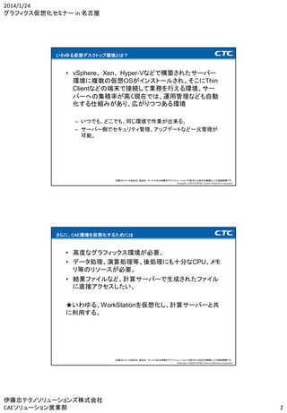 2014/1/24
グラフィクス仮想化セミナー in 名古屋

いわゆる仮想デスクトップ環境とは？

• vSphere、 Xen、 Hyper-Vなどで構築されたサーバー
環境に複数の仮想OSがインストールされ、そこにThin
Clientなどの端末で接続して業務を行える環境。サー
バーへの集積率が高く現在では、運用管理なども自動
化する仕組みがあり、広がりつつある環境
– いつでも、どこでも、同じ環境で作業が出来る。
– サーバー側でセキュリティ管理、アップデートなど一元管理が
可能。

記載されている会社名、製品名、サービス名は伊藤忠テクノソリューションズ(株)または各社の商標もしくは登録商標です。
Copyright (c)2014 ITOCHU Techno-Solutions Corporation

さらに、CAE環境を仮想化するためには

• 高度なグラフィックス環境が必要。
• データ処理、演算処理等、後処理にも十分なCPU、メモ
リ等のリソースが必要。
• 結果ファイルなど、計算サーバーで生成されたファイル
に直接アクセスしたい。
★いわゆる、WorkStationを仮想化し、計算サーバーと共
に利用する。

記載されている会社名、製品名、サービス名は伊藤忠テクノソリューションズ(株)または各社の商標もしくは登録商標です。
Copyright (c)2014 ITOCHU Techno-Solutions Corporation

伊藤忠テクノソリューションズ株式会社
CAEソリューション営業部

2

 