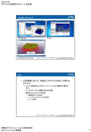 2014/1/24
グラフィクス仮想化セミナー in 名古屋

デモで用いるソフトウェア

AdvantEdge

DAFUL

LSPREPOST（LSDYNA）

記載されている会社名、製品名、サービス名は伊藤忠テクノソリューションズ(株)または各社の商標もしくは登録商標です。
Copyright (c)2014 ITOCHU Techno-Solutions Corporation

まとめ

• CAE環境において、仮想化（グラフィクス含む）で得られ
るメリット
– ファイル転送をおこなわず、サーバーに近い環境で作業を行
える。
– ワークステーション環境の共有が可能
– 仮想化によるメリットの享受
• 情報漏洩リスクの低減
• ハードウェアメンテナンスの効率化
• リソース管理

記載されている会社名、製品名、サービス名は伊藤忠テクノソリューションズ(株)または各社の商標もしくは登録商標です。
Copyright (c)2014 ITOCHU Techno-Solutions Corporation

伊藤忠テクノソリューションズ株式会社
CAEソリューション営業部

7

 