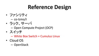 Reference Design 
•ファシリティ 
–co-Izmo/I 
•ラック、サーバ 
–Open Compute Project (OCP) 
•スイッチ 
–White Box Switch + Cumulus Linux 
•Cloud OS 
–OpenStack  