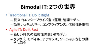 Bimodal IT: 2つの世界 
•Traditional IT: Do it Right 
–従来のエンタープライズ型IT運用・管理モデル 
–効率、セキュリティ、コンプライアンス、信頼性を重視 
•Agile IT: Do it Fas...