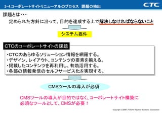 3-4.コーポレートサイトリニューアルのプロセス 課題の抽出

課題とは・・・
 定められた方針に沿って、目的を達成する上で解決しなければならないこと

                 システム要件

CTCのコーポレートサイトの課題
・ＣＴＣのあらゆるソリューション情報を網羅する。
・デザイン、レイアウト、コンテンツの要素を揃える。
・掲載したコンテンツを再利用し、有効活用する。
・各部の情報発信のセルフサービス化を実現する。


             CMSツールの導入が必須

    CMSツールの導入が目的ではなく、コーポレートサイト構築に
    必須なツールとして、CMSが必要！
                                 Copyright (c)2007 ITOCHU Techno-Solutions Corporation
 