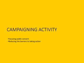 CAMPAIGNING ACTIVITY
•Focusing public concern
•Reducing the barriers to taking action
 