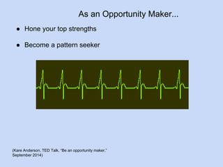 As an Opportunity Maker... 
● Hone your top strengths 
● Become a pattern seeker 
(Kare Anderson, TED Talk, “Be an opportunity maker,” 
September 2014) 
 