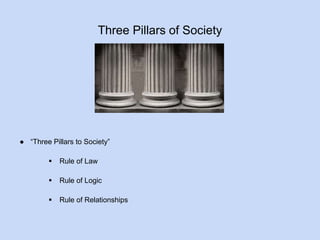 Three Pillars of Society 
● “Three Pillars to Society” 
 Rule of Law 
 Rule of Logic 
 Rule of Relationships 
 