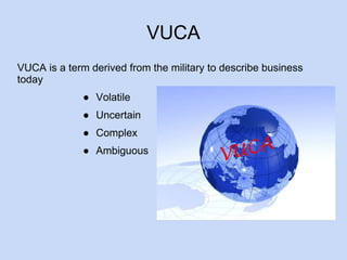 VUCA 
VUCA is a term derived from the military to describe business 
today 
● Volatile 
● Uncertain 
● Complex 
● Ambiguous 
 