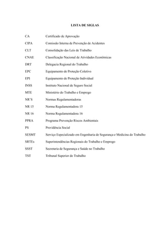 LISTA DE SIGLAS
CA Certificado de Aprovação
CIPA Comissão Interna de Prevenção de Acidentes
CLT Consolidação das Leis de Trabalho
CNAE Classificação Nacional de Atividades Econômicas
DRT Delegacia Regional do Trabalho
EPC Equipamento de Proteção Coletivo
EPI Equipamento de Proteção Individual
INSS Instituto Nacional de Seguro Social
MTE Ministério do Trabalho e Emprego
NR’S Normas Regulamentadoras
NR 15 Norma Regulamentadora 15
NR 16 Norma Regulamentadora 16
PPRA Programa Prevenção Riscos Ambientais
PS Previdência Social
SESMT Serviço Especializado em Engenharia de Segurança e Medicina do Trabalho
SRTEs Superintendências Regionais do Trabalho e Emprego
SSST Secretaria de Segurança e Saúde no Trabalho
TST Tribunal Superior do Trabalho
 
