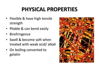 PHYSICAL PROPERTIES
• Flexible & have high tensile
strength
• Pliable & can bend easily
• Birefringence
• Swell & become soft when
treated with weak acid/ alkali
• On boiling converted to
gelatin
 