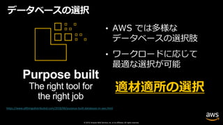 © 2019, Amazon Web Services, Inc. or its affiliates. All rights reserved.
データベースの選択
• AWS では多様な
データベースの選択肢
• ワークロードに応じて
最適な選択が可能
Purpose built
The right tool for
the right job
https://www.allthingsdistributed.com/2018/06/purpose-built-databases-in-aws.html
適材適所の選択
 