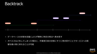 © 2019, Amazon Web Services, Inc. or its affiliates. All rights reserved.
Backtrack
• データベースの状態を容量によらず瞬時に特定の時点へ巻き戻す
• オペミスなどをしてしまった場合に、作業実⾏前の状態にすぐに巻き戻すことでサービスへの影
響を最⼩限に抑えることが可能
T0 T1 T2
T0 T1
T2
T3 T4
T3
T4
REWIND TO T1
REWIND TO T3
INVISIBLE INVISIBLE
 